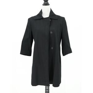 T Tahari Jacket Womens Small Black Long Lined Snaps Stretch Cotton 3/4 sleeves